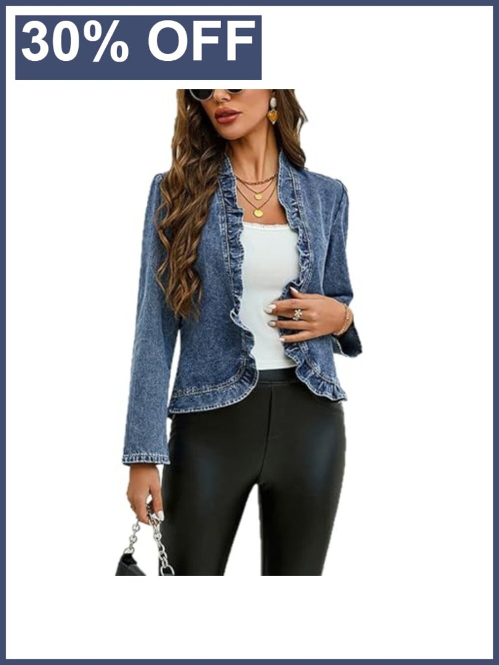 Women Denim Jacket Ruffled Cropped Open Front Long Sleeve Cotton Jean Coat